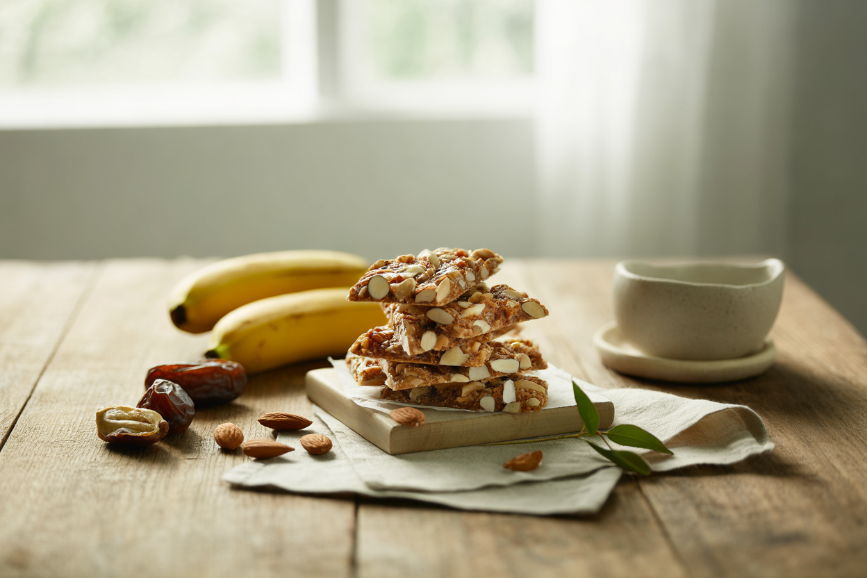 Banana nut brittle with almonds, dates and coconut