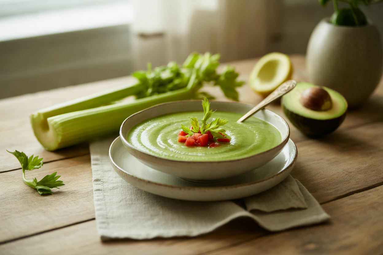 Raw cream of celery soup with avocado and diced tomato