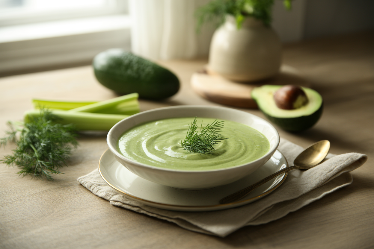 Creamy dill soup with avocado and cucumber, garnished with fresh dill
