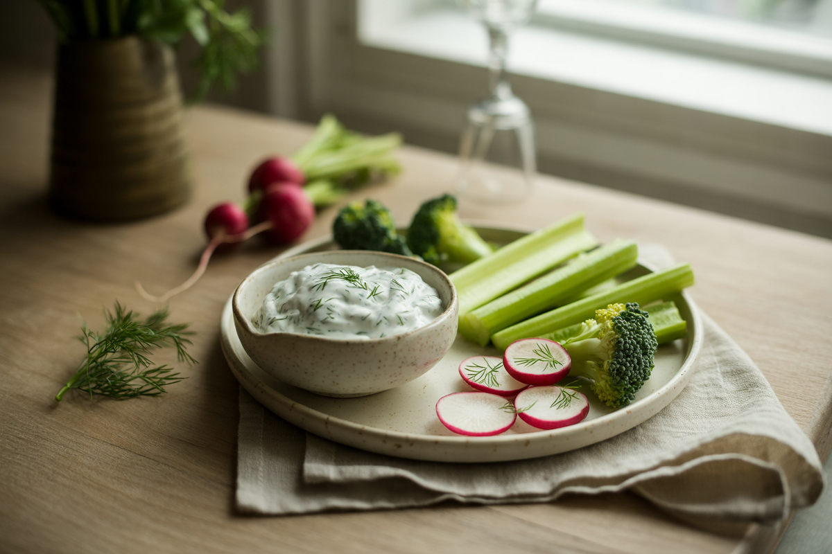 Dill cashew sour cream with radishes and vegetables