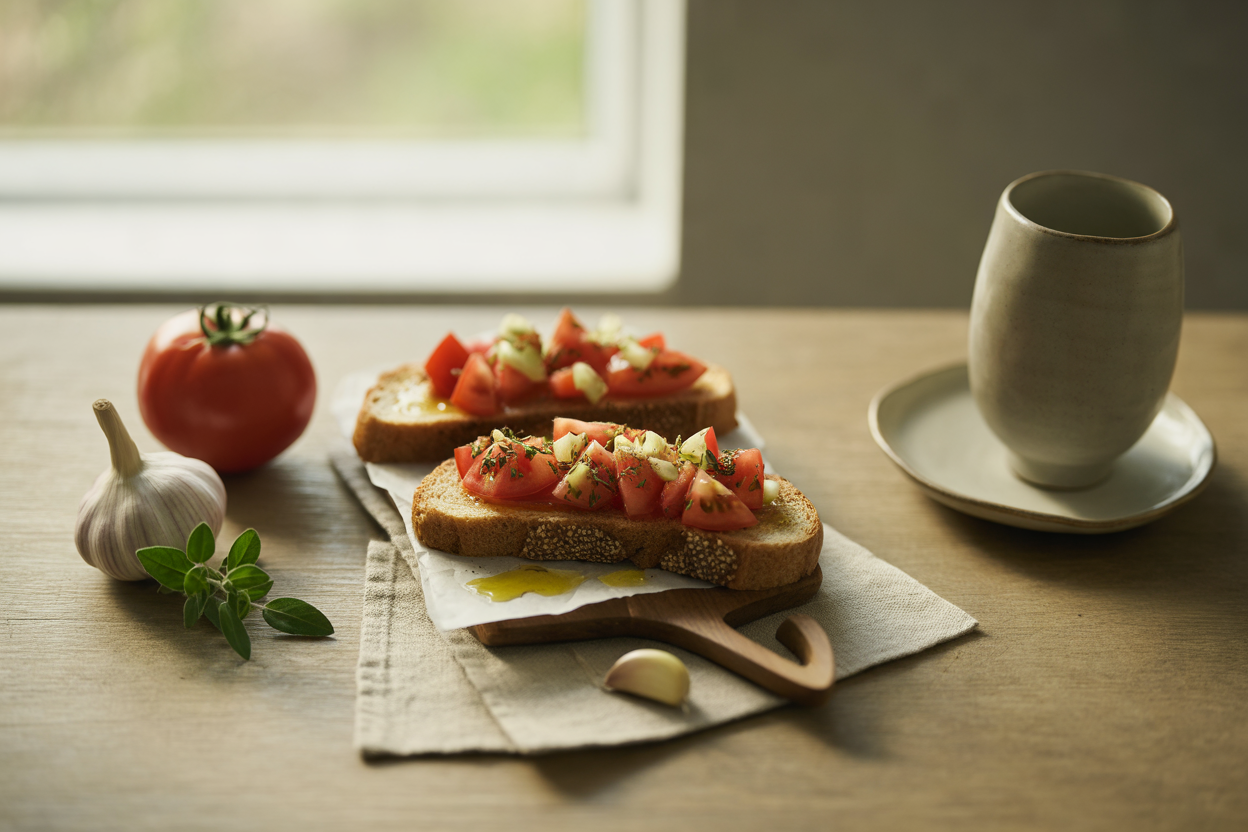 Tomato bruschetta with garlic and oregano on toasted bread