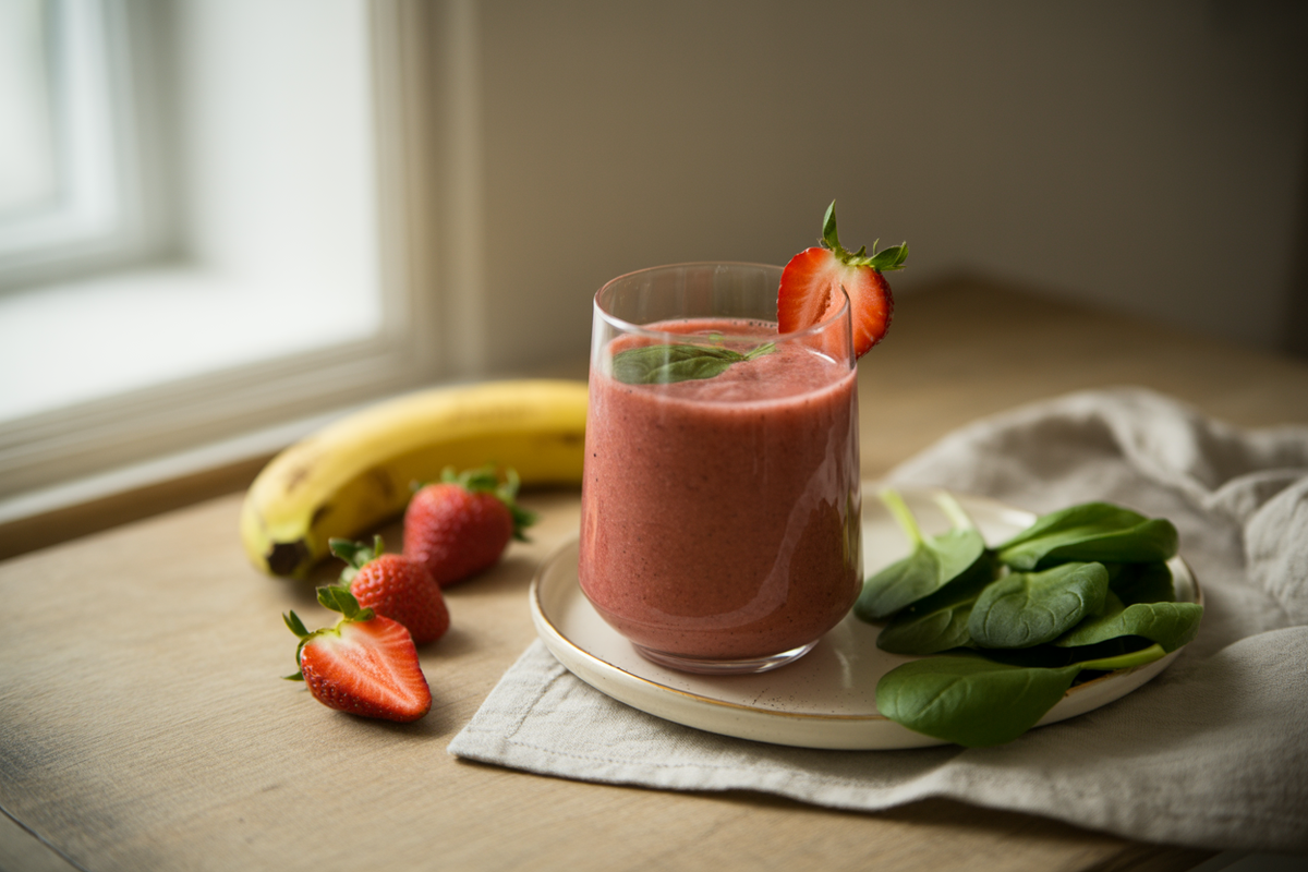 Power smoothie with strawberries, banana and spinach