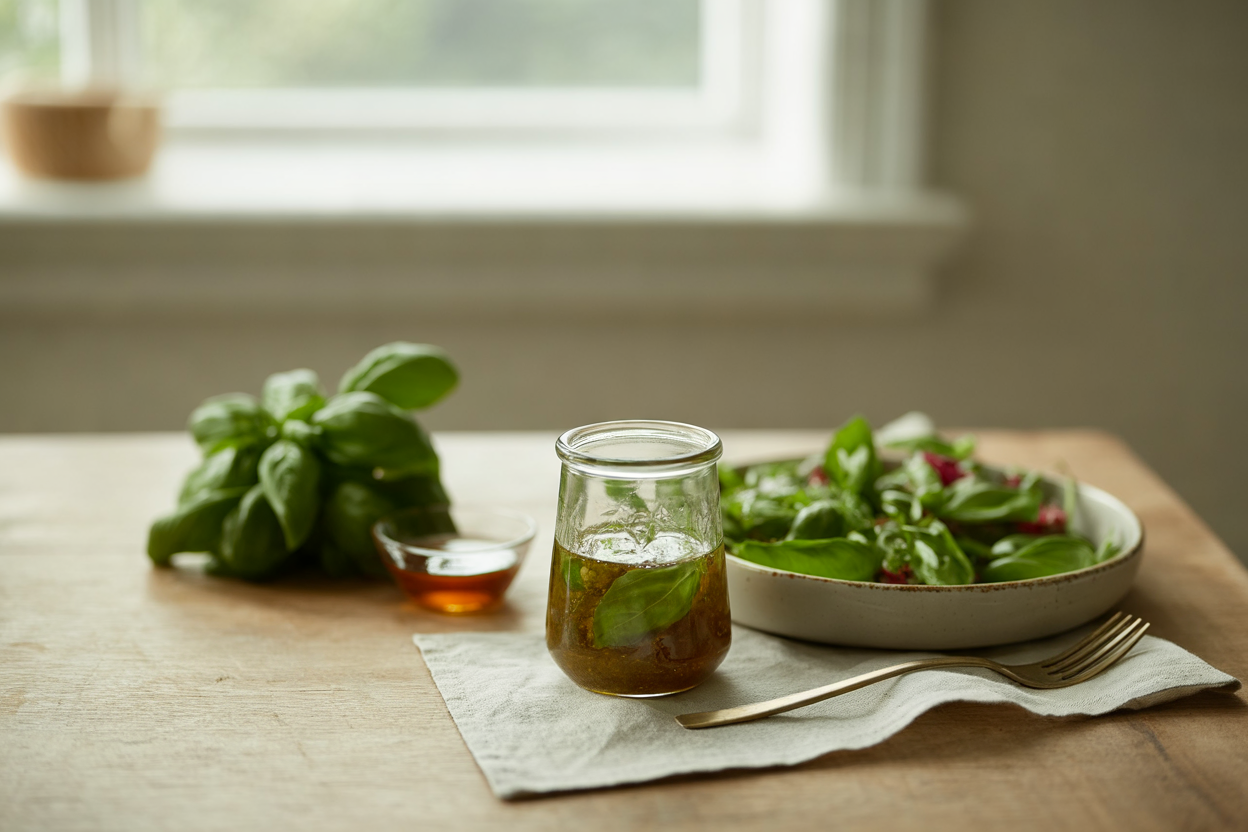 Basil vinaigrette with fresh basil and salad