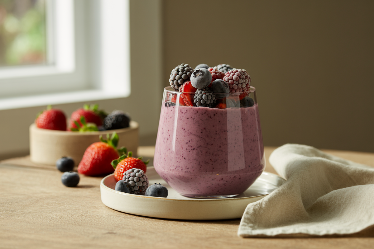Berry parfait layered with banana berry cream and mixed berries