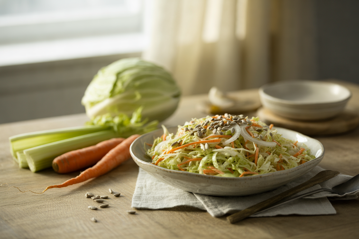 Creamy cabbage slaw with carrots, celery and sunflower seeds
