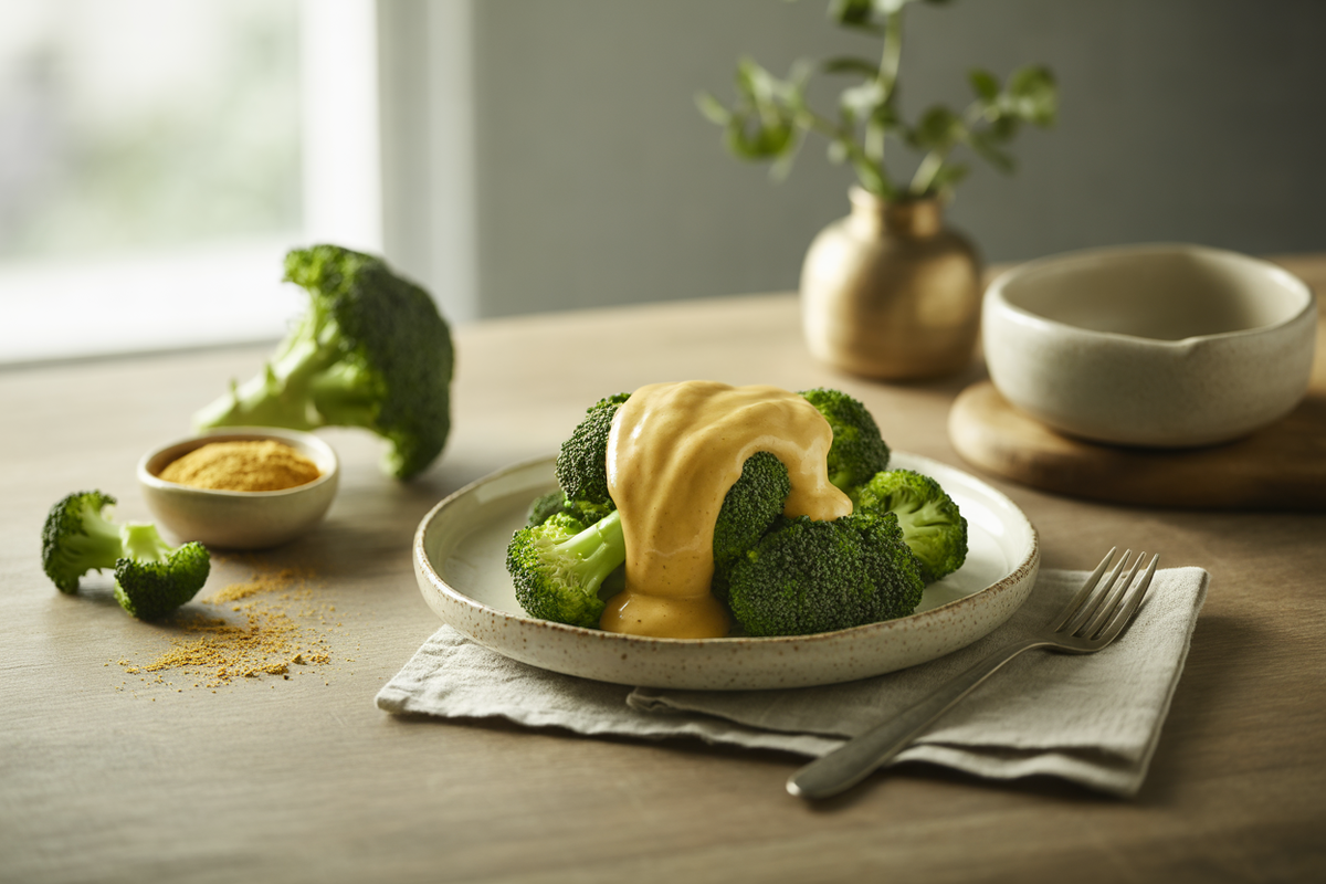 Vegan cheesy sauce over broccoli