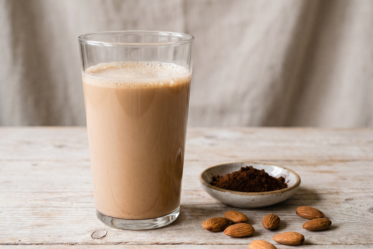 Glass of Easy Chocolate (Carob) Milk made with carob powder and almond milk