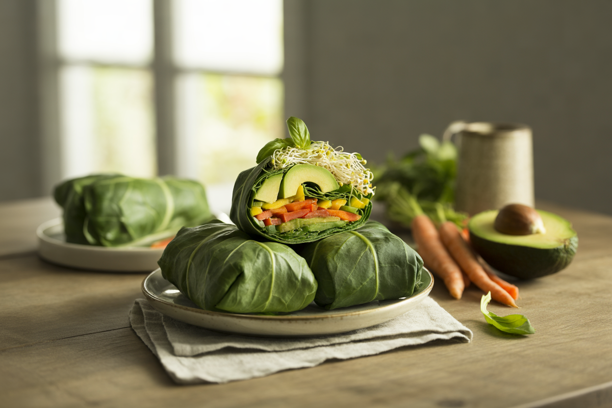 Collard wraps with carrots, peppers, avocado and sprouts