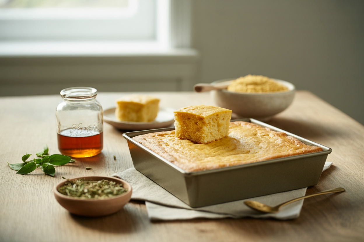 Squares of golden baked corn bread with a jar of honey