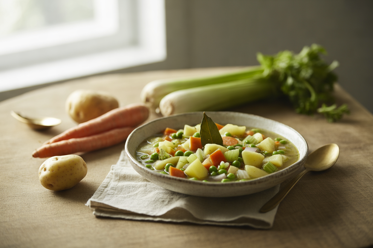 Crockpot vegetable stew with potatoes, carrots, celery and peas