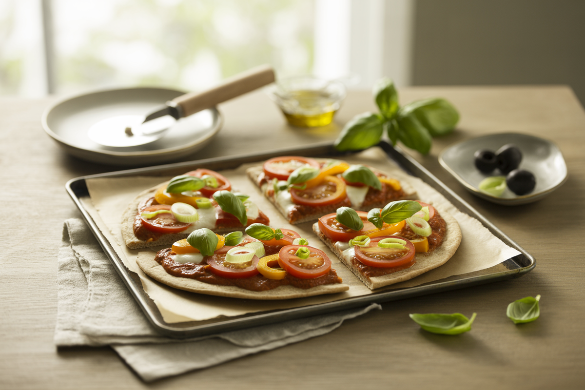 Whole wheat flatbread pizza with tomato, bell pepper, scallions, basil and olives cut into wedges