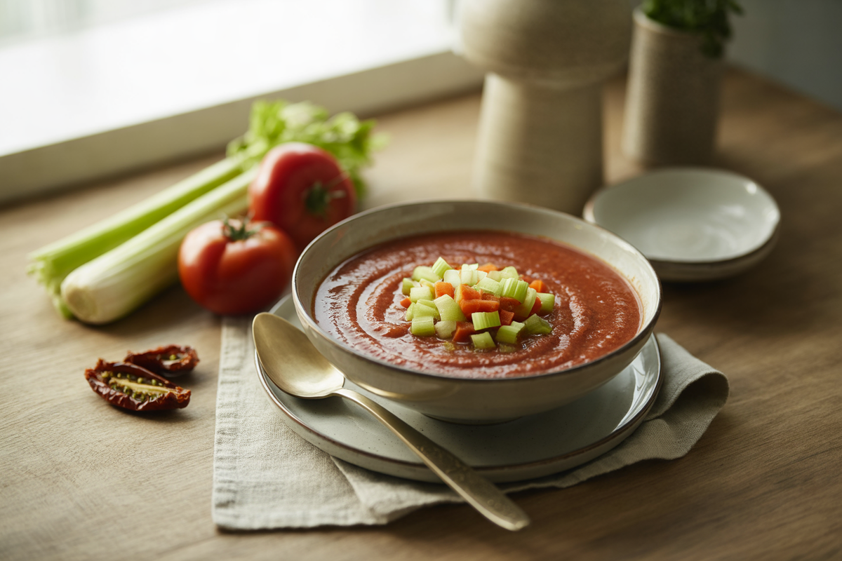 Easy raw tomato soup with celery and carrot