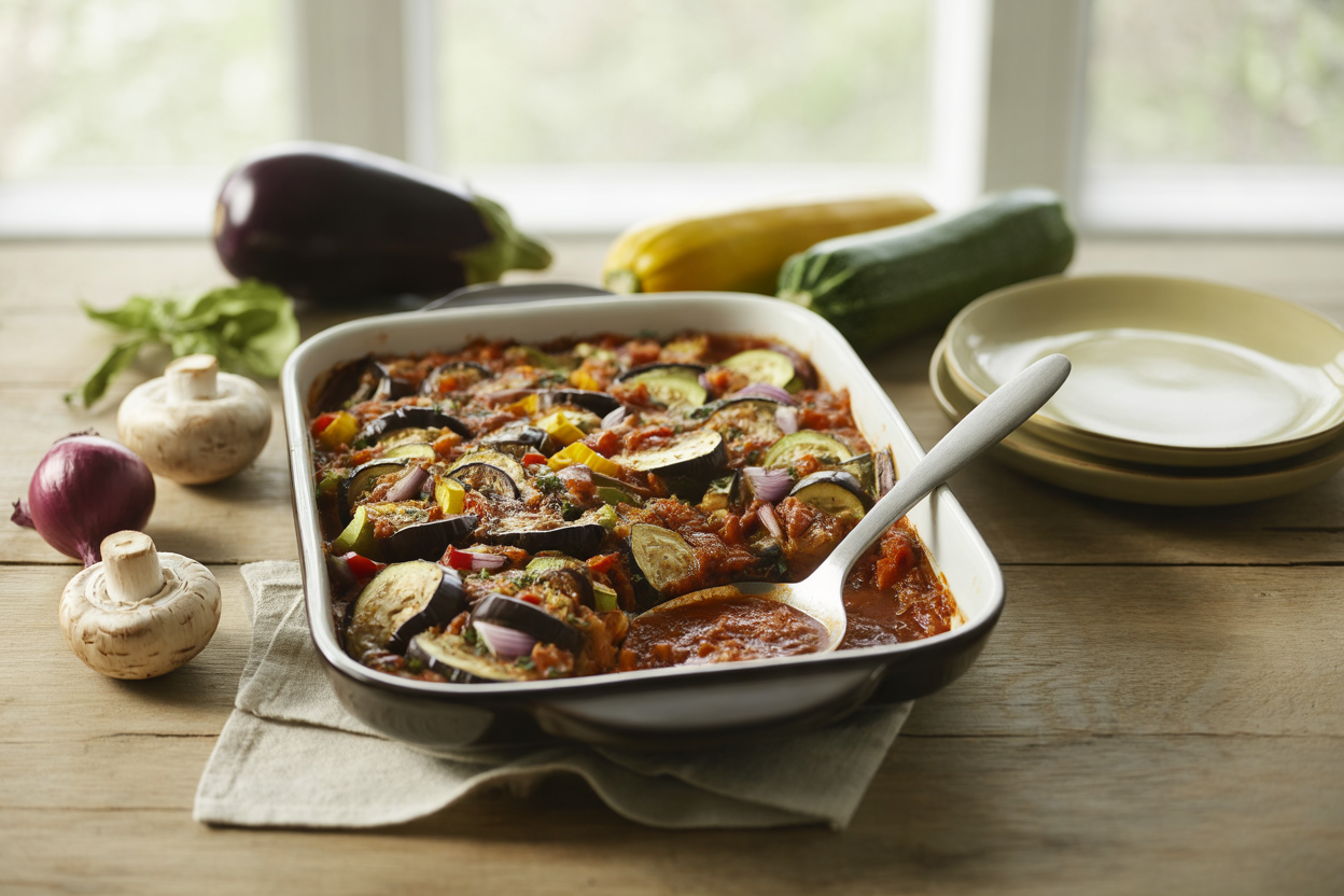 Eggplant casserole with mushrooms, squash and marinara sauce