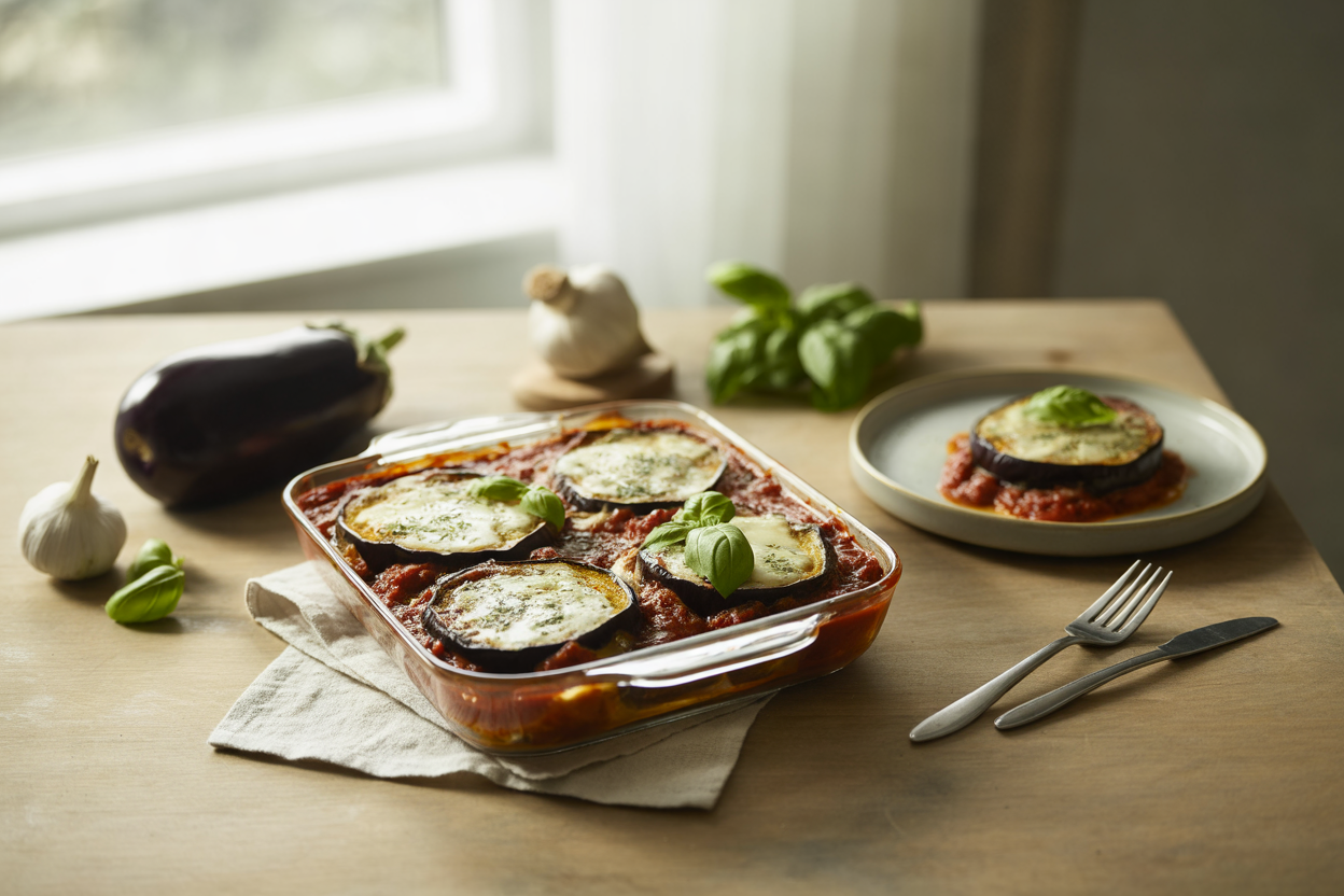 Eggplant parmesan with marinara and basil