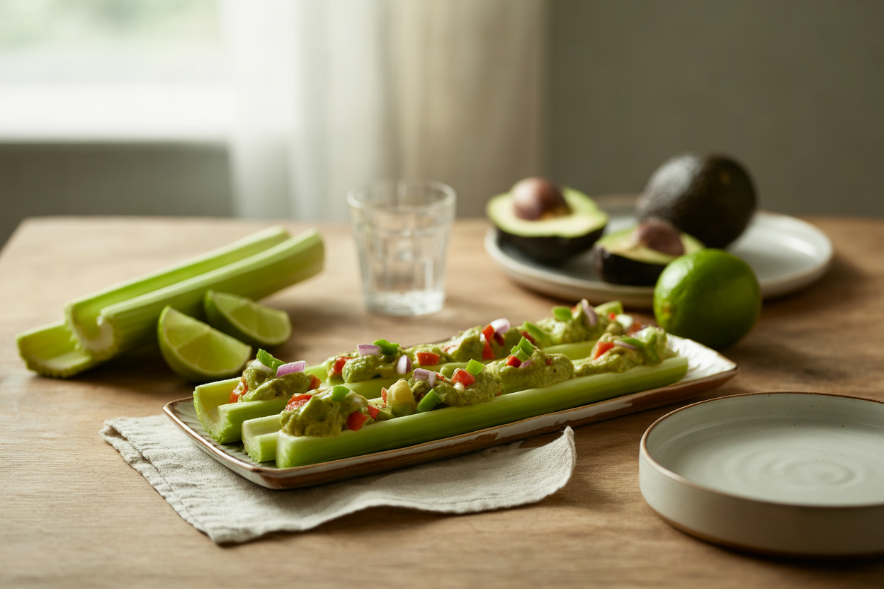 Celery sticks stuffed with avocado tomato filling