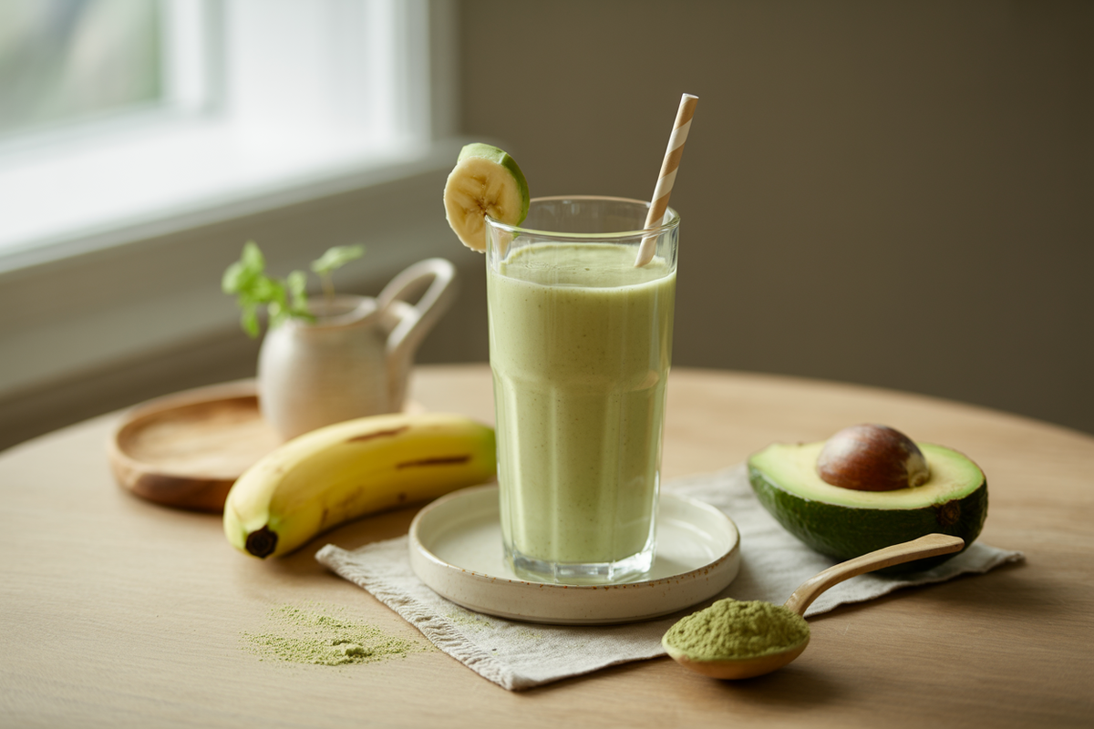 Ready for school smoothie with almond milk, banana, avocado and BarleyMax