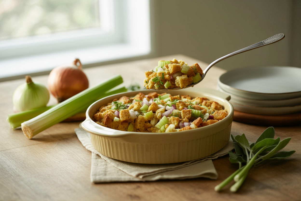 Baked cornbread dressing with celery, onion and herbs