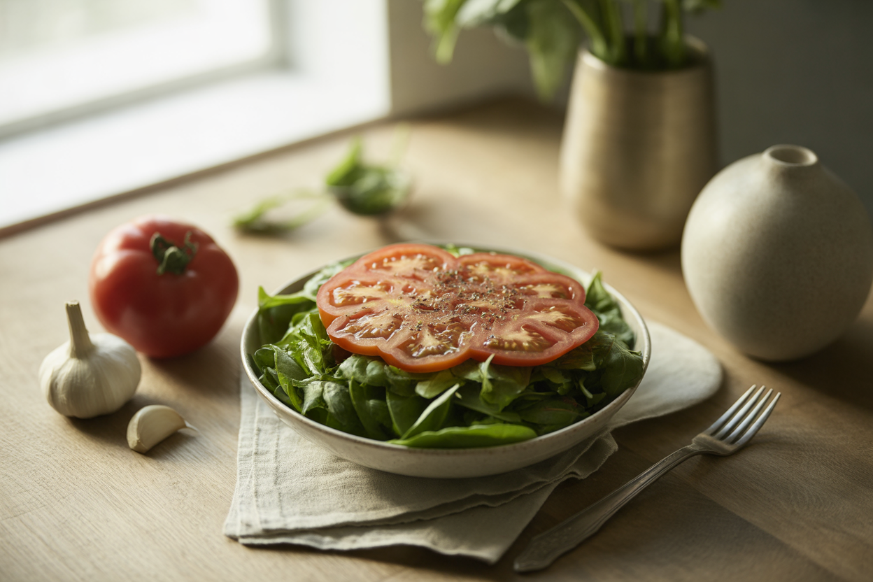 Green salad topped with juicy chopped beefsteak tomato