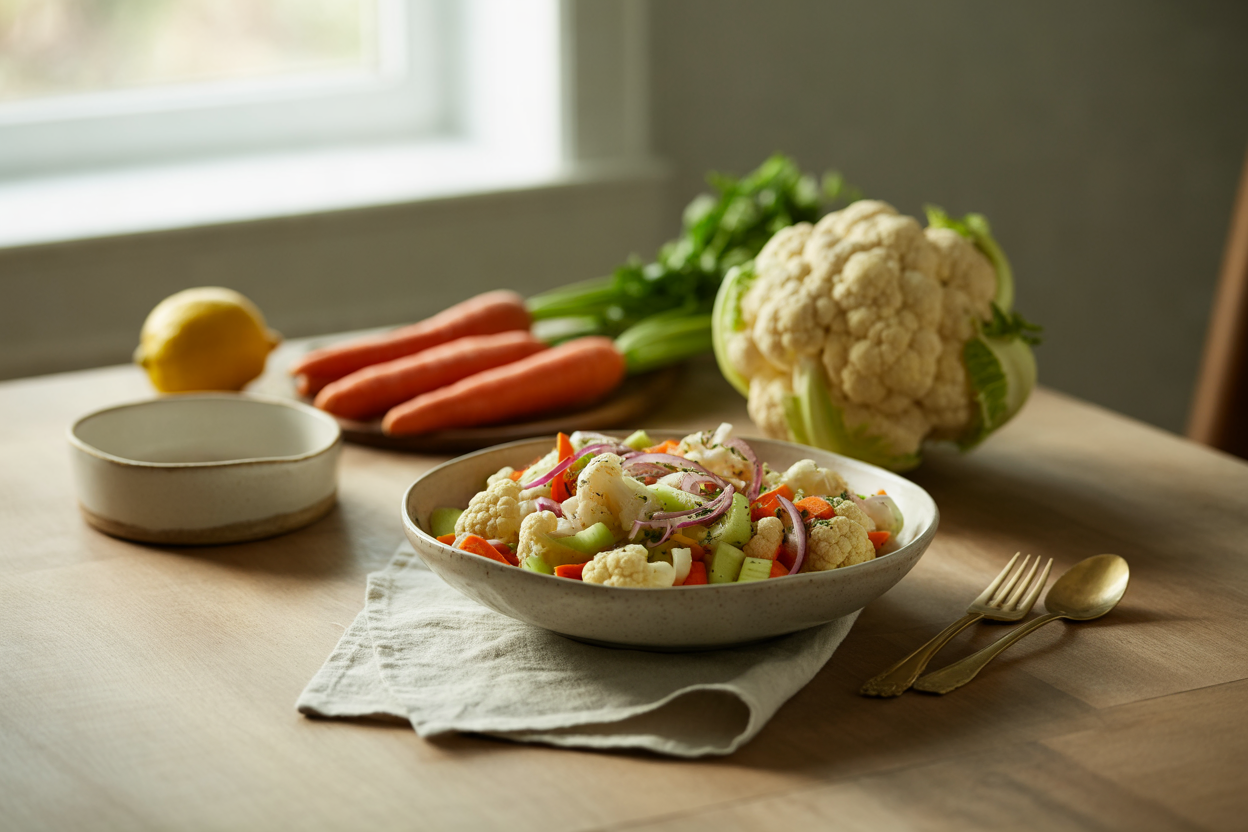 Raw marinated cauliflower and carrot salad