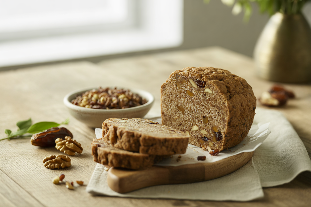 Sprouted grain essene bread with almonds, walnuts and dates
