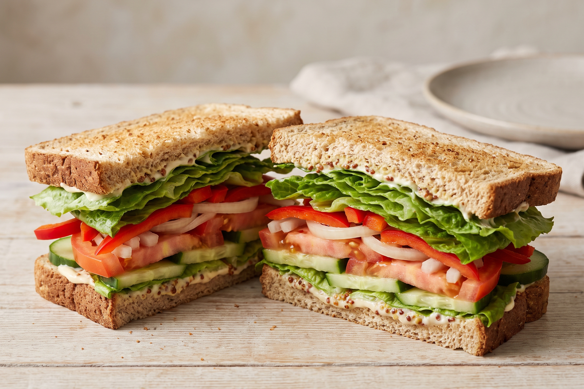 Vegetarian sandwich with lettuce, tomato, cucumber and onion on whole grain bread