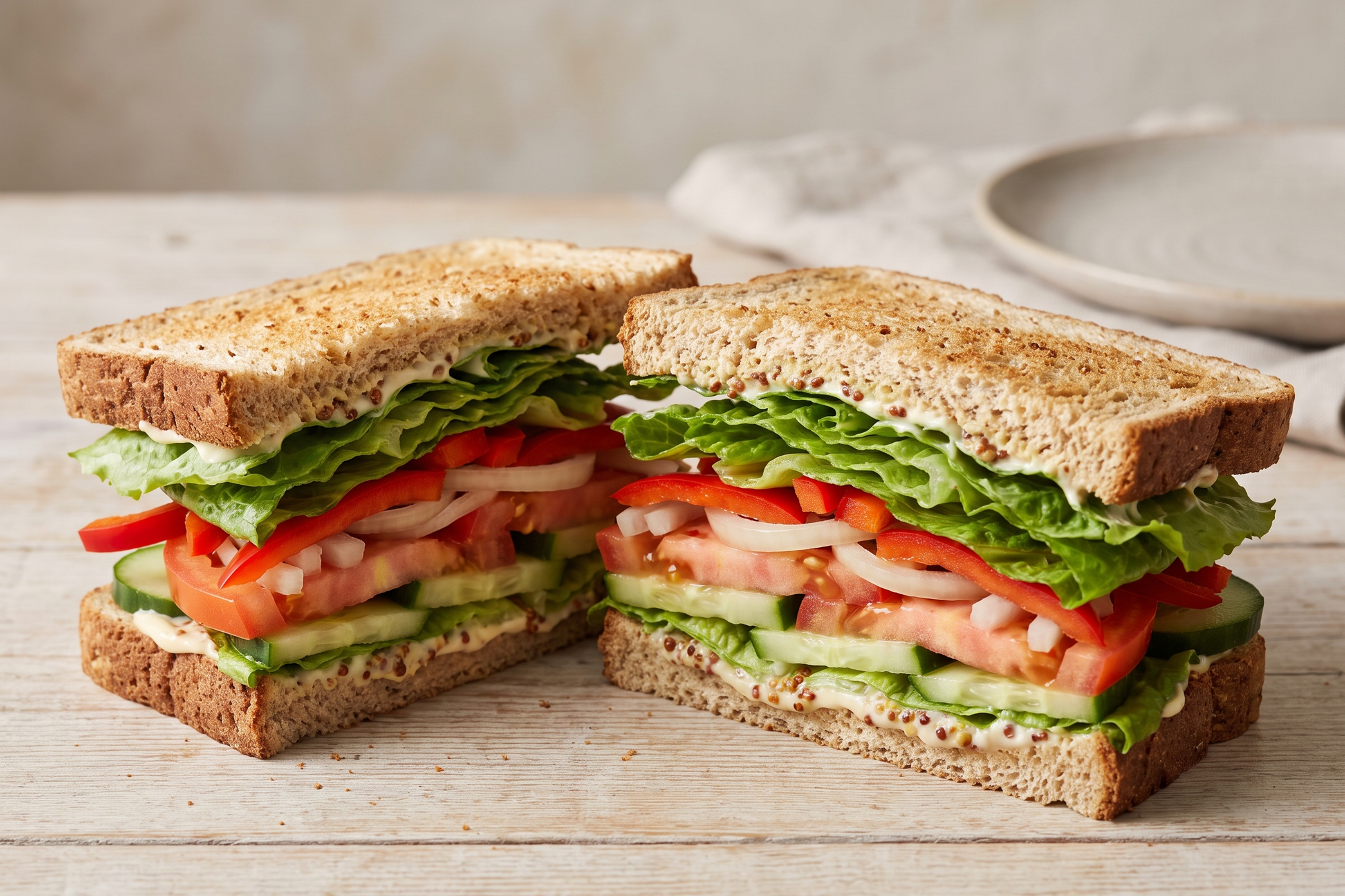 Vegetarian sandwich with lettuce, tomato, cucumber and onion on whole grain bread