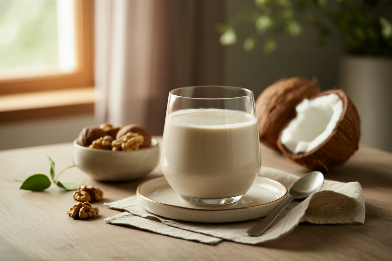 Glass of extra thick creamy walnut milk with walnuts and coconut