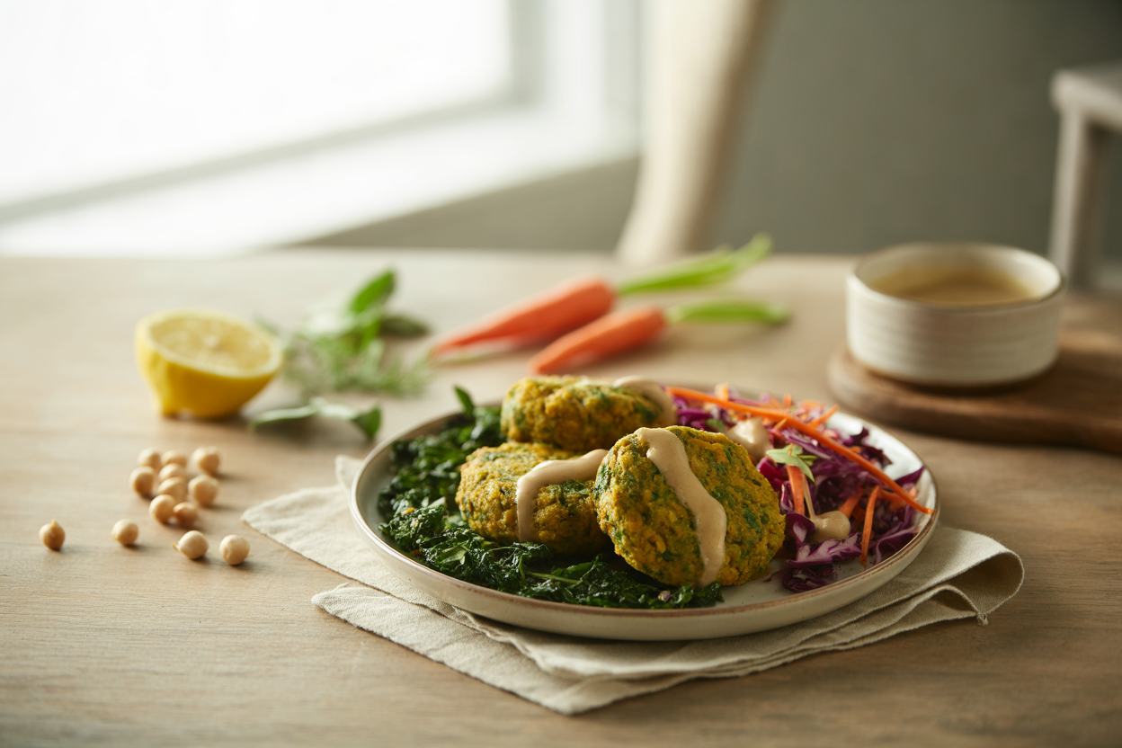Falafel patties with tahini kale and harissa slaw