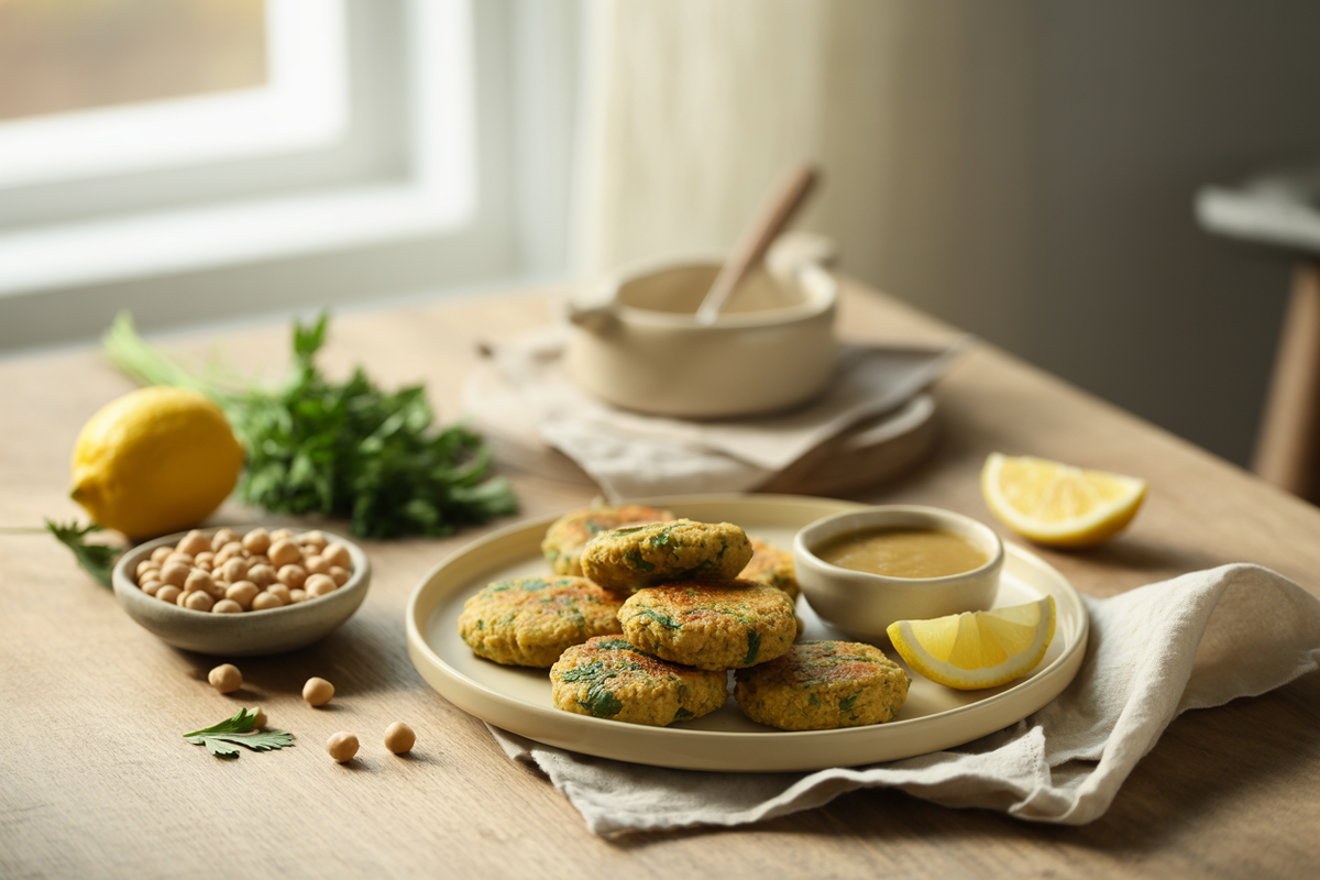 Falafel patties with tahini sauce and lemon wedges