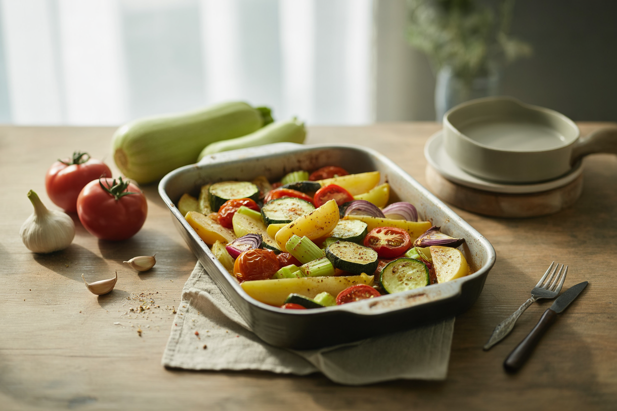 Roasted potatoes, tomatoes, zucchini, red onion and celery