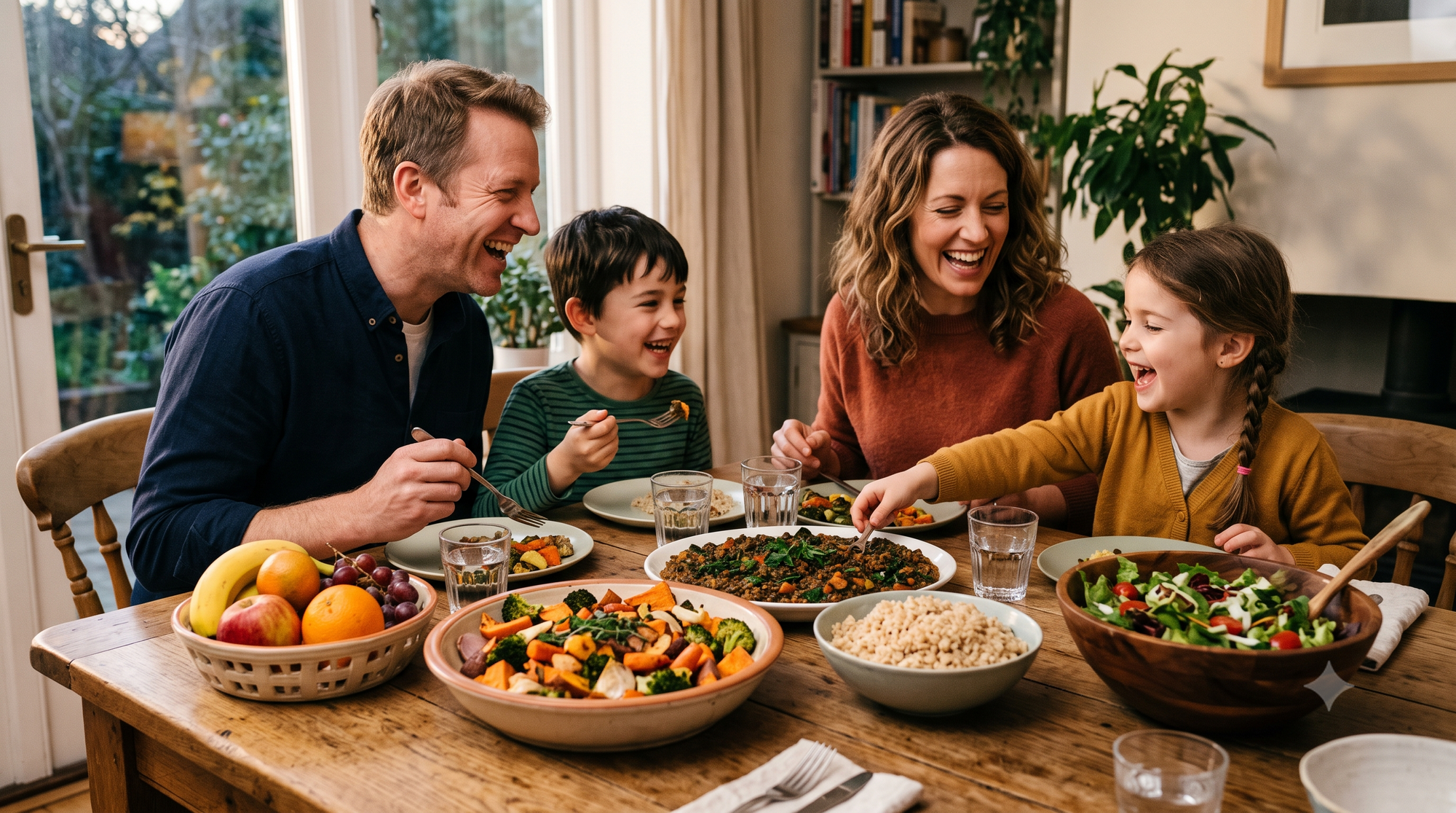 Family enjoying a plant-based dinner of rice, beans, roasted vegetables, and salad