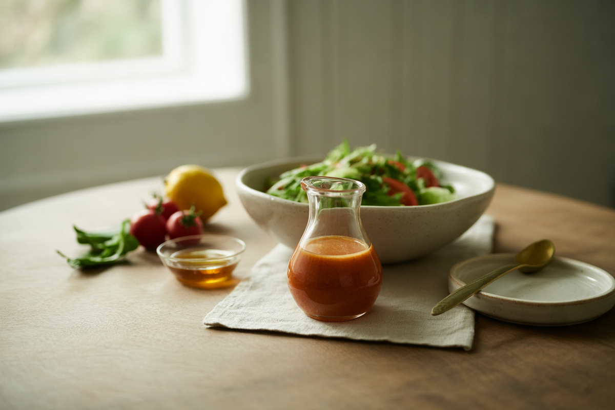 Homemade French dressing with green salad