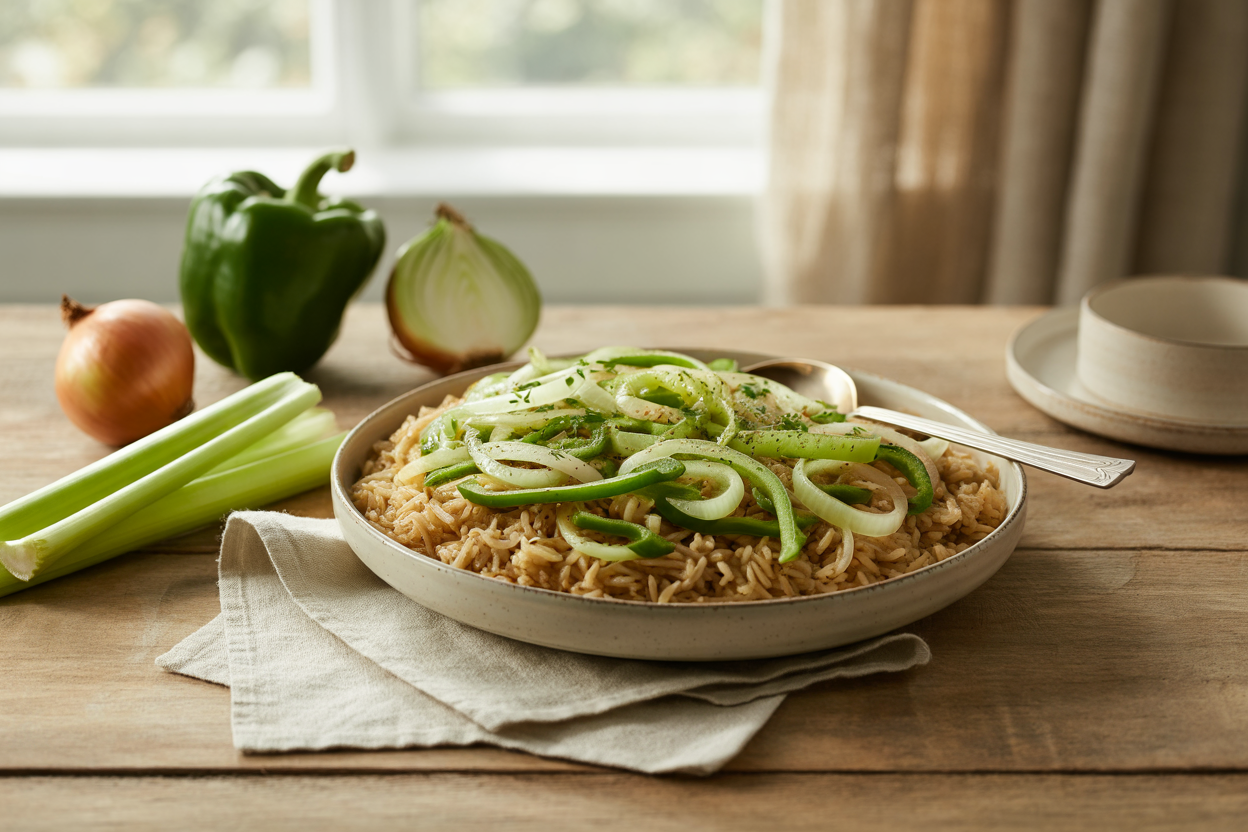Brown basmati rice with sauteed onion, green pepper and celery