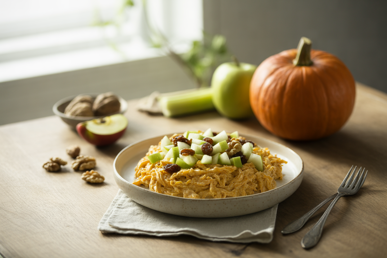 Raw pumpkin salad with apples, walnuts and raisins