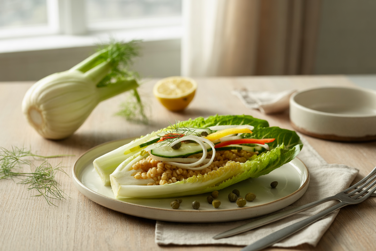 Fennel and millet salad over romaine with cucumber, bell pepper and capers