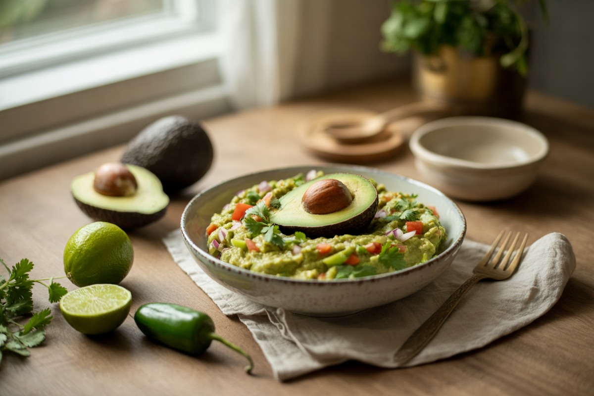 Festive guacamole with tomato, jalapeno and cilantro