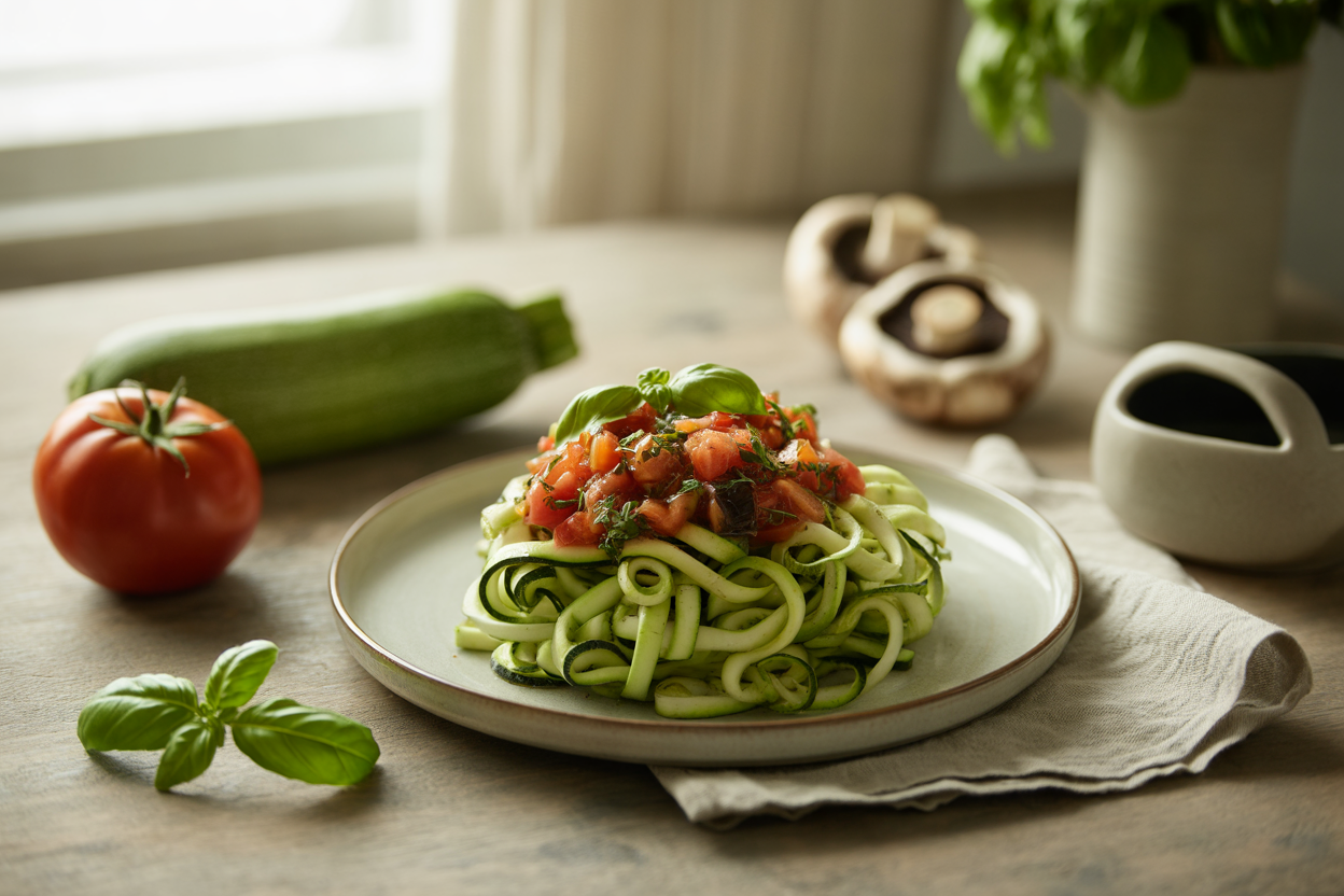 Raw zucchini fettuccine with portobello mushrooms and tomato herb sauce