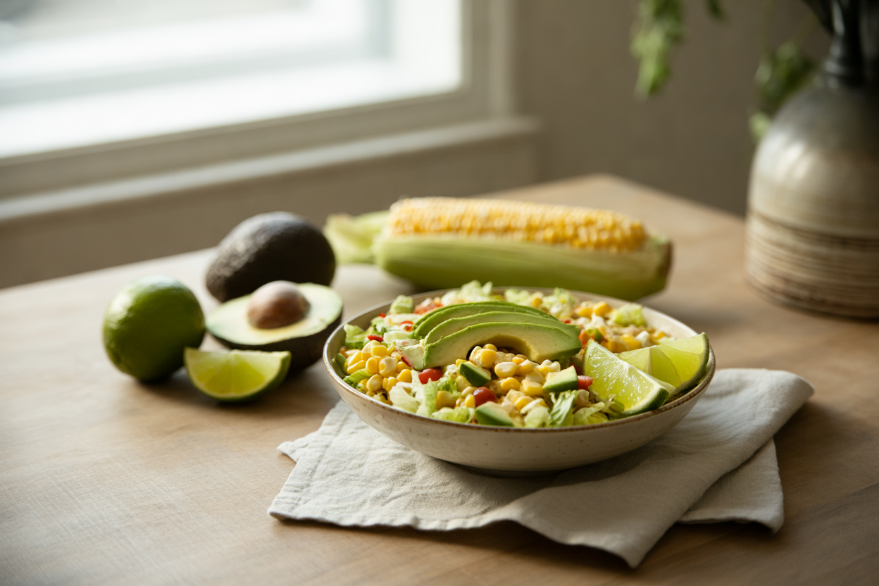 Fiesta taco salad with avocado, corn and lime