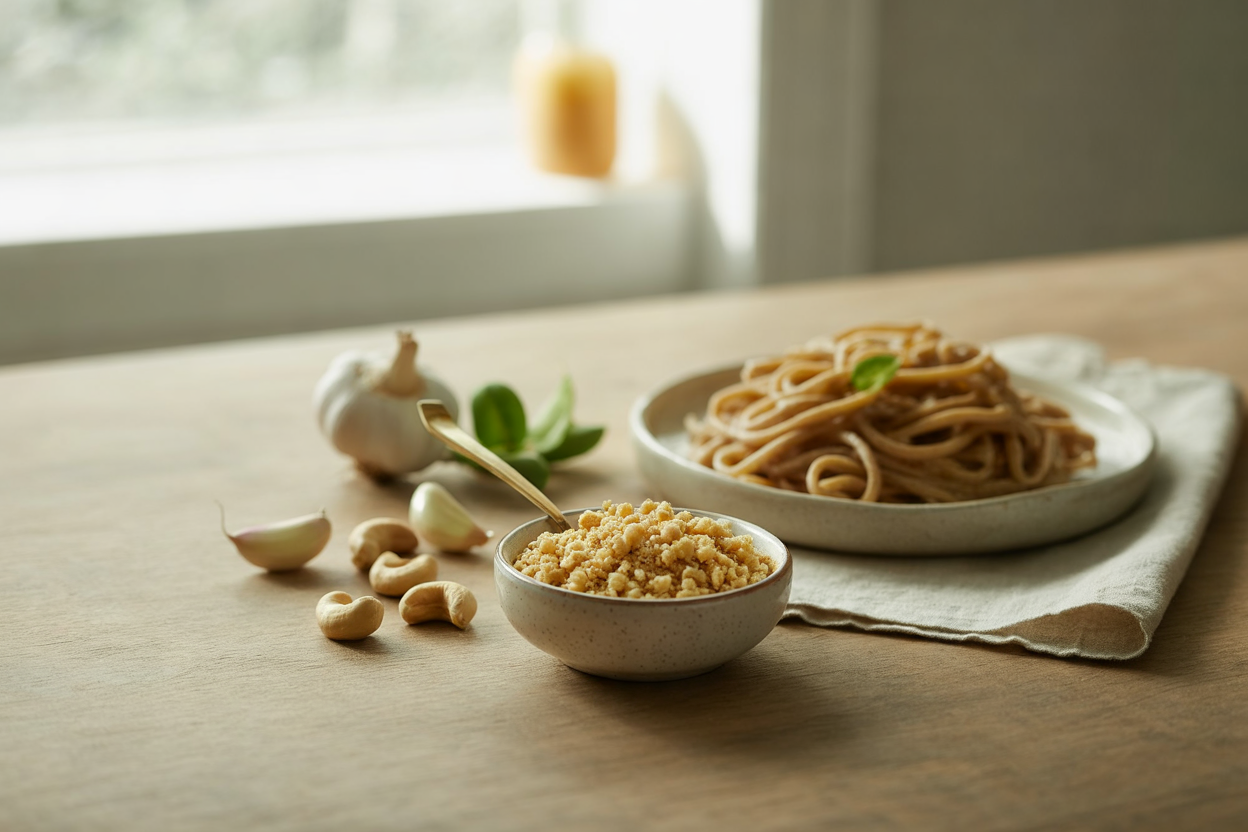 Five-minute cashew parmesan sprinkled over pasta