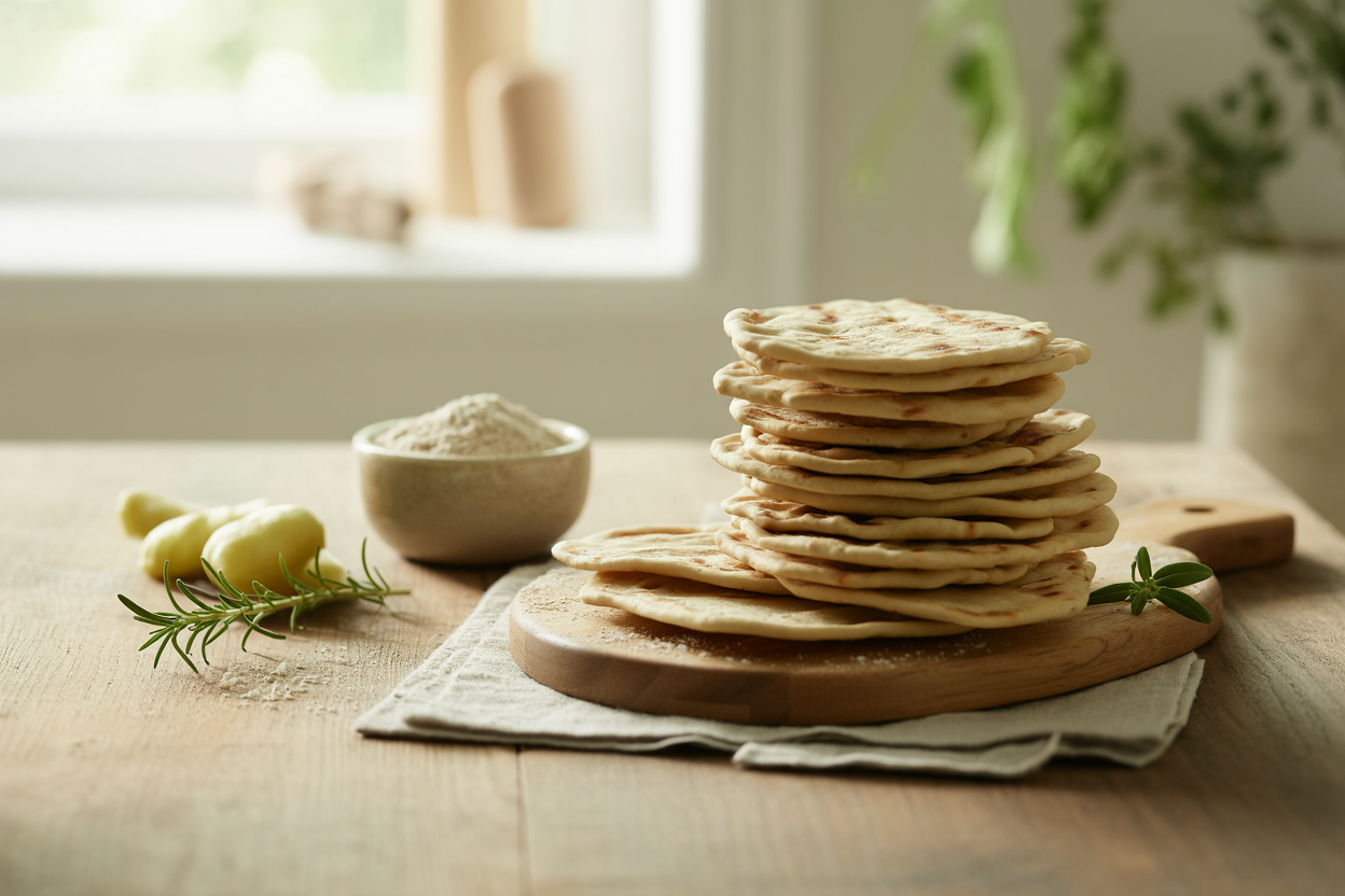 Spelt flat bread and round flat bread crackers on a wooden board