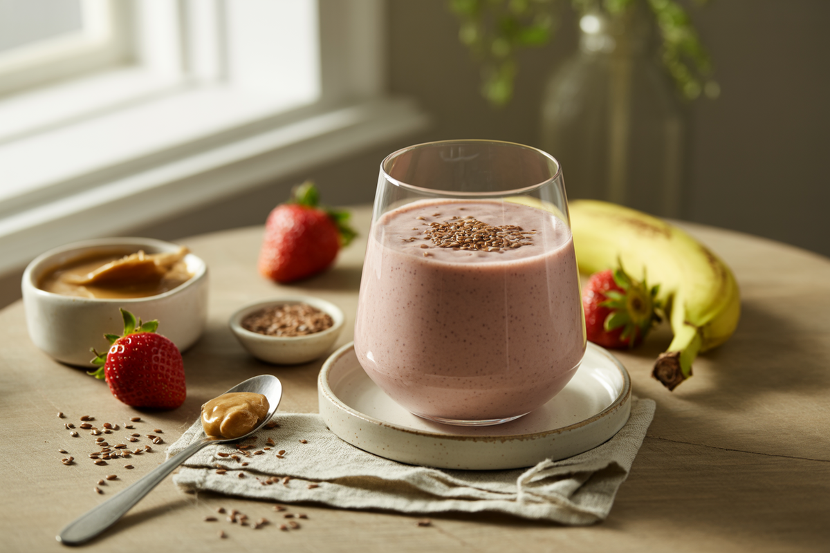 Strawberry banana breakfast smoothie with flax seeds and almond butter