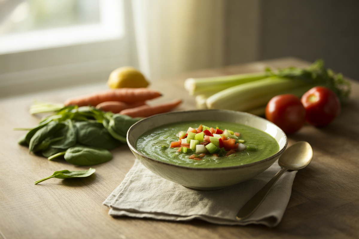 Florentine gazpacho with spinach and fresh vegetables