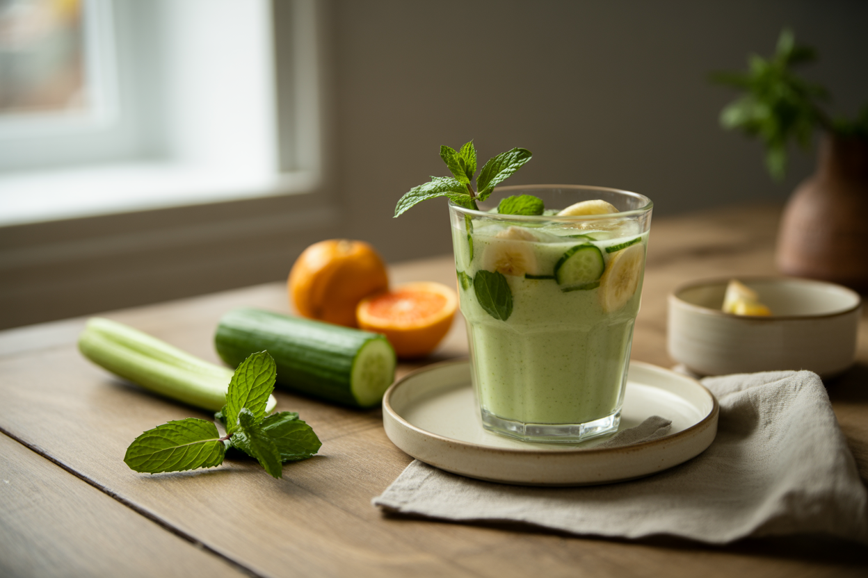 Fresh mint smoothie with cucumber, celery and tangerine