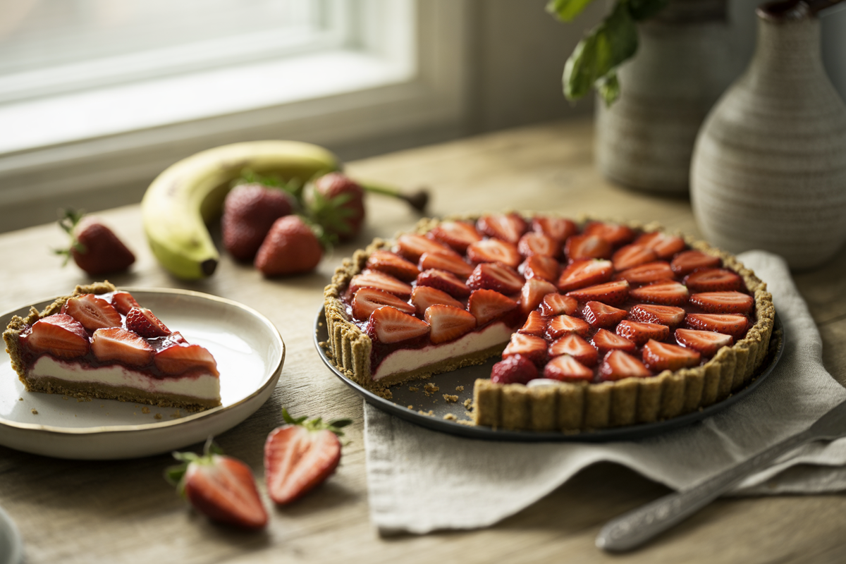 Fresh strawberry pie with almond crust