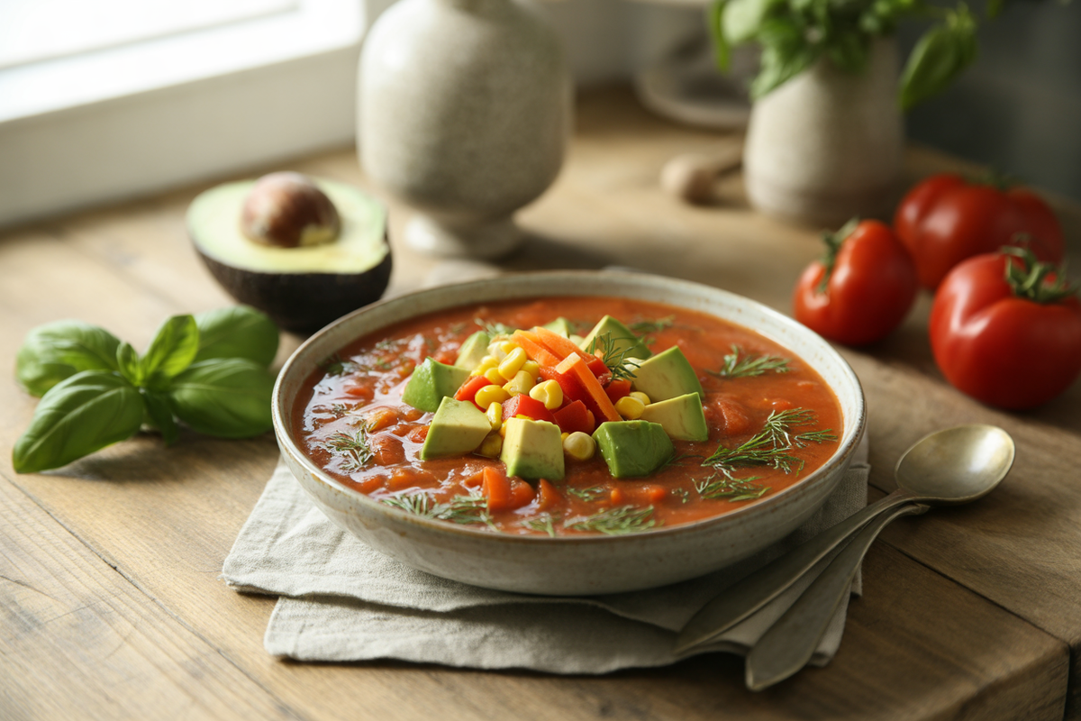 Raw garden tomato soup with avocado, corn and red pepper
