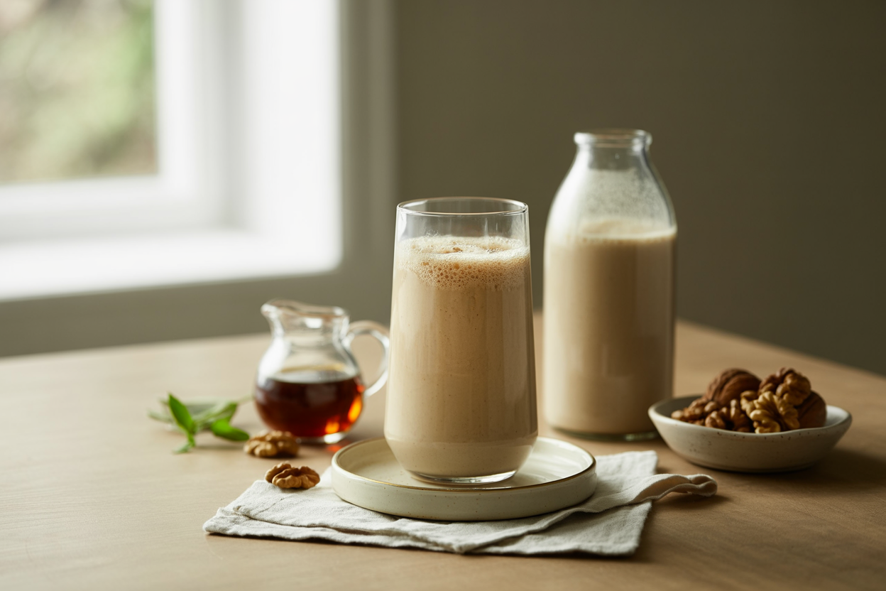 Glass of frothy homemade walnut milk with walnut halves