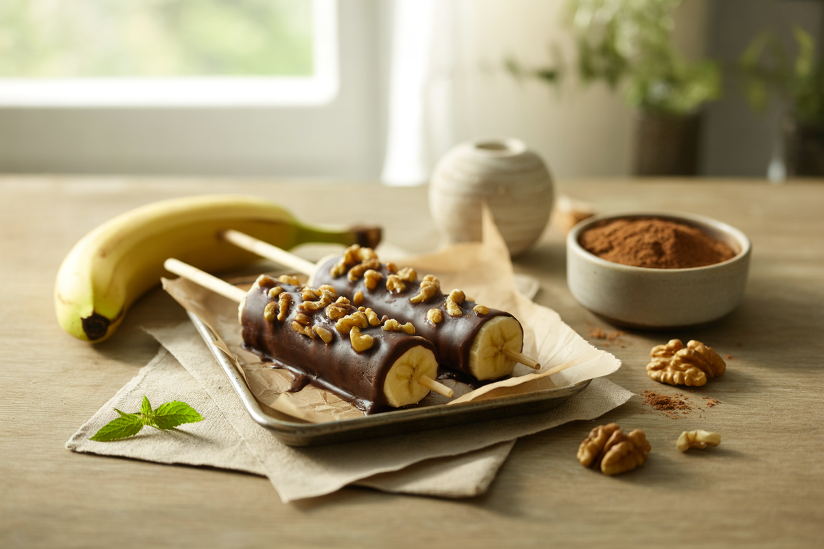 Frozen bananas on sticks coated in carob and chopped nuts