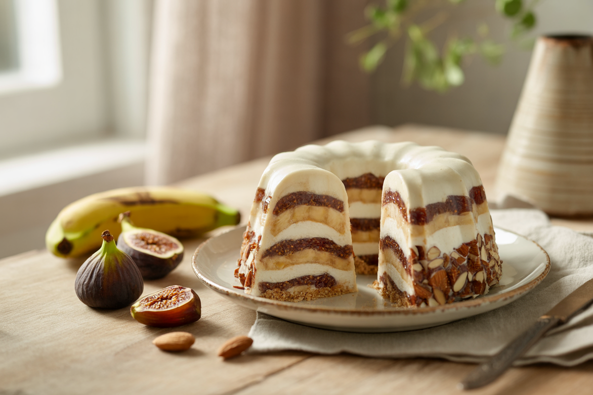 Frozen raw bundt cake layered with almonds, figs, dates and bananas