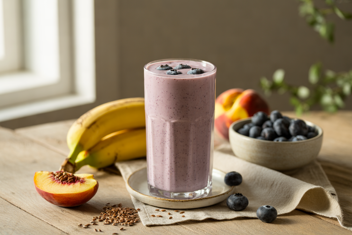 Banana, blueberry and peach smoothie with ground flax