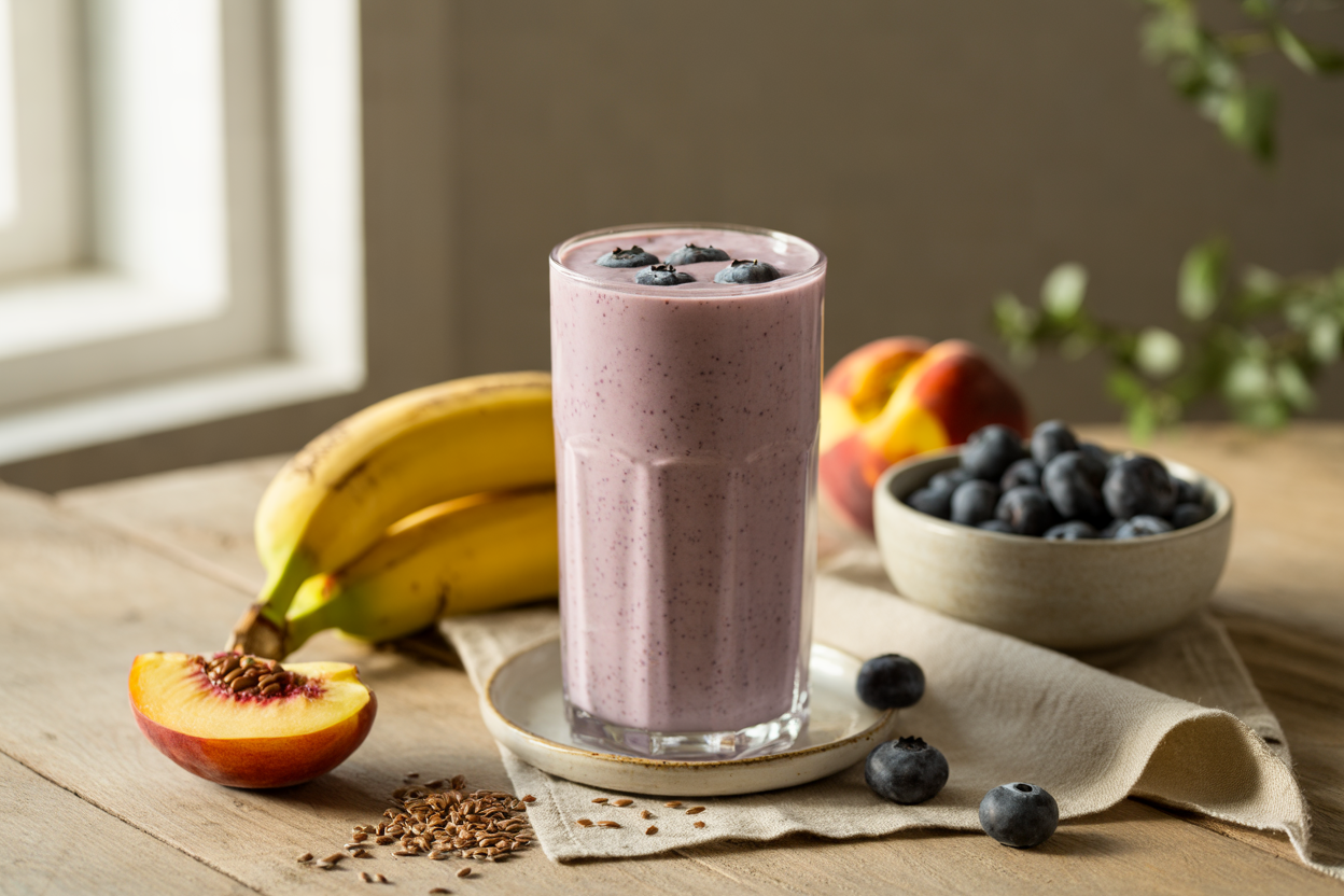 Banana, blueberry and peach smoothie with ground flax